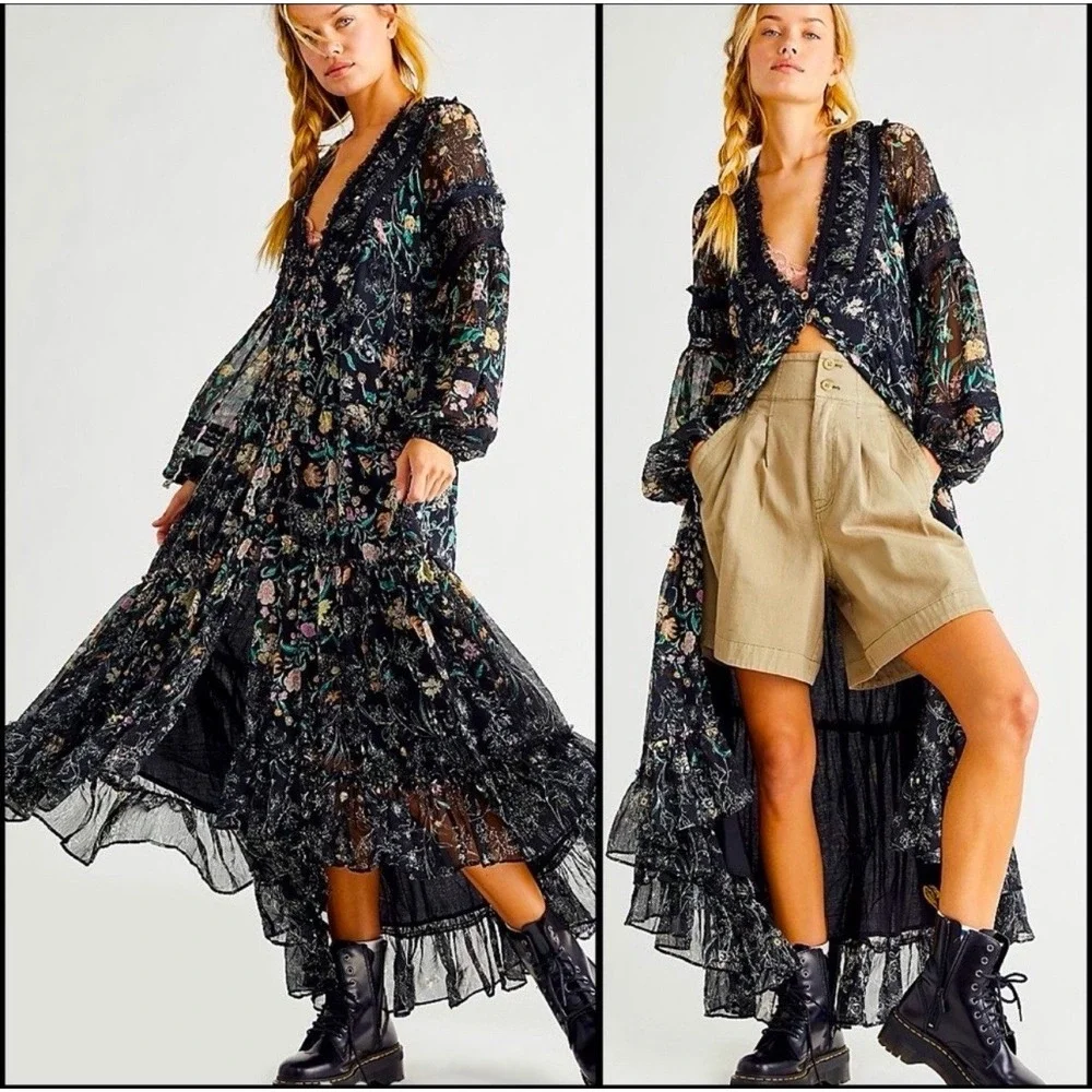 Free‎ People Cassis Printed Chiffon Maxi Dress Floral Print Black Sz XS Boho